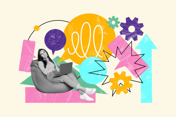 Picture collage artwork of minded woman thinking writing answer comment isolated on drawing background.