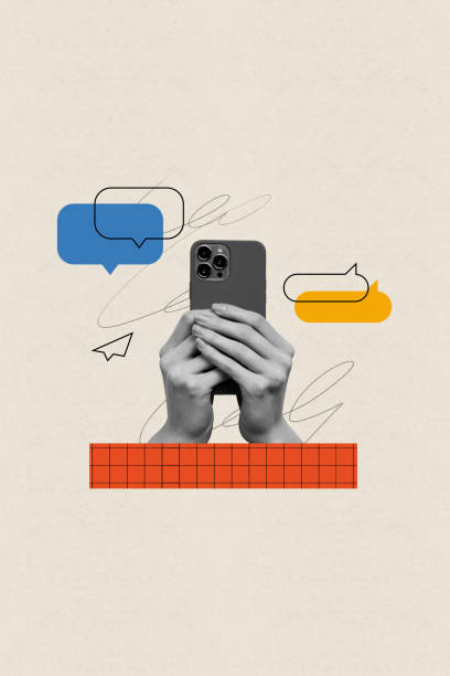 Vertical creative composite artwork photo iphone collage of arm holding smartphone write messages in chat isolated retro drawing background.x