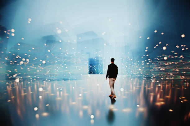 Young man walking in fantasy urban environment. 3D generated image.